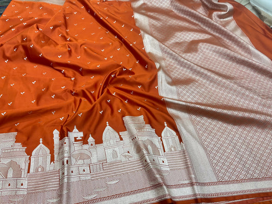 Banarasi Ganga Ghat Rust Orange Mashru Silk Saree