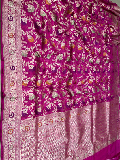 Rani pink pure silk meenakari saree