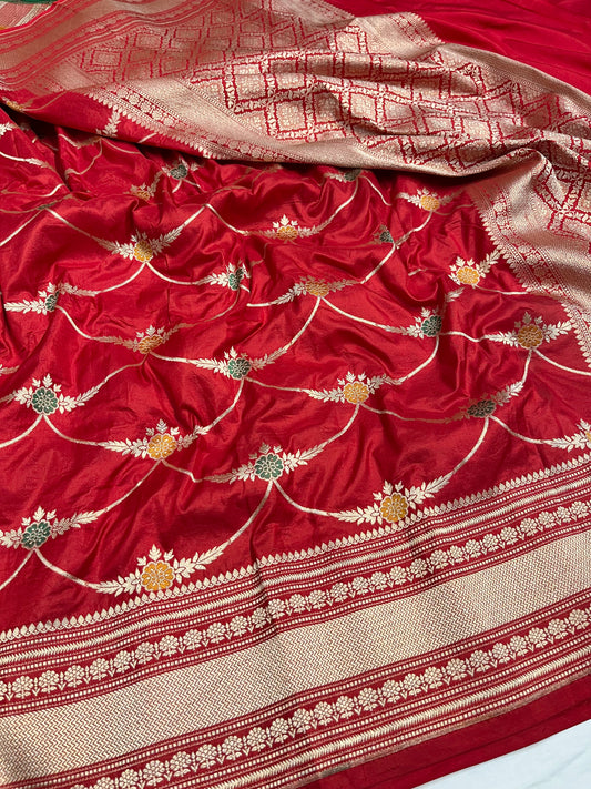 Red katan silk meenakari saree